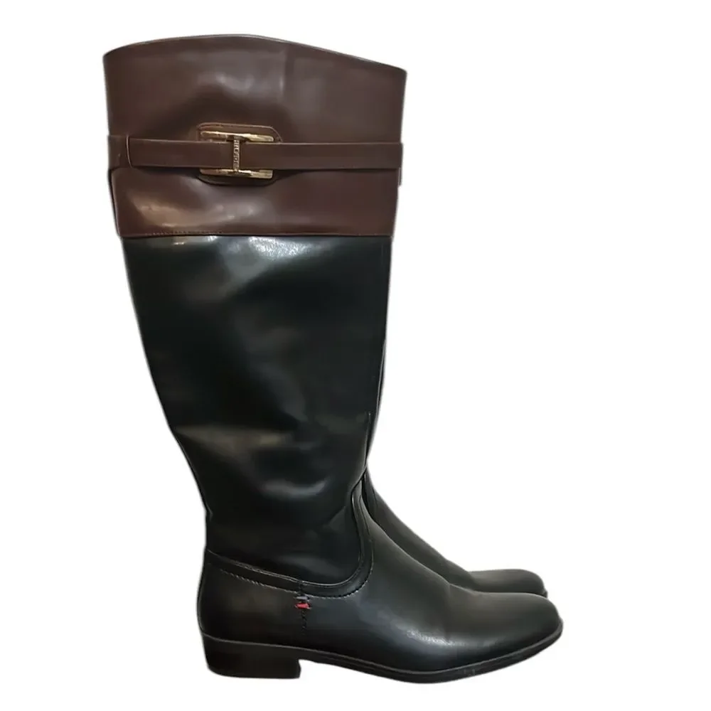 Tommy Hilfiger Black Brown Zip Up Knee Length Riding Boots Classic Women’s 8